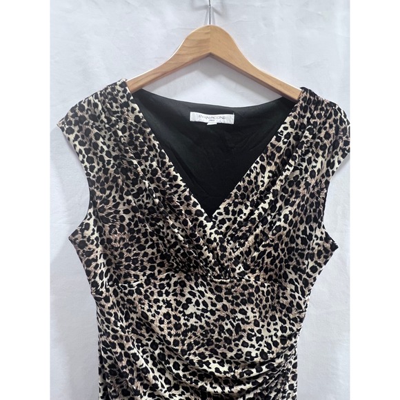 Y2K Evan-Picone Leopard Print Ruched Sheath Dress Brown Black Size 12 Sleeveless - Picture 3 of 6